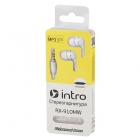 Гарнитура INTRO RX-910MW, белая, вакуумная, без регулировки громкости. Диапазон частот 20Hz-20000Hz. Уровень звукового давления 105dB. Импеданс 32 Ом, cо сменными амбушюрами, микрофон (80/400/4800)